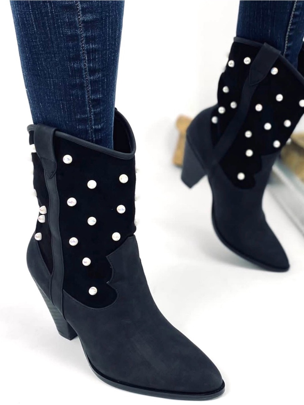 Dolls Kill So me Black Upper Faux Suede Pearls Embellished Cowboy Boots 8.5